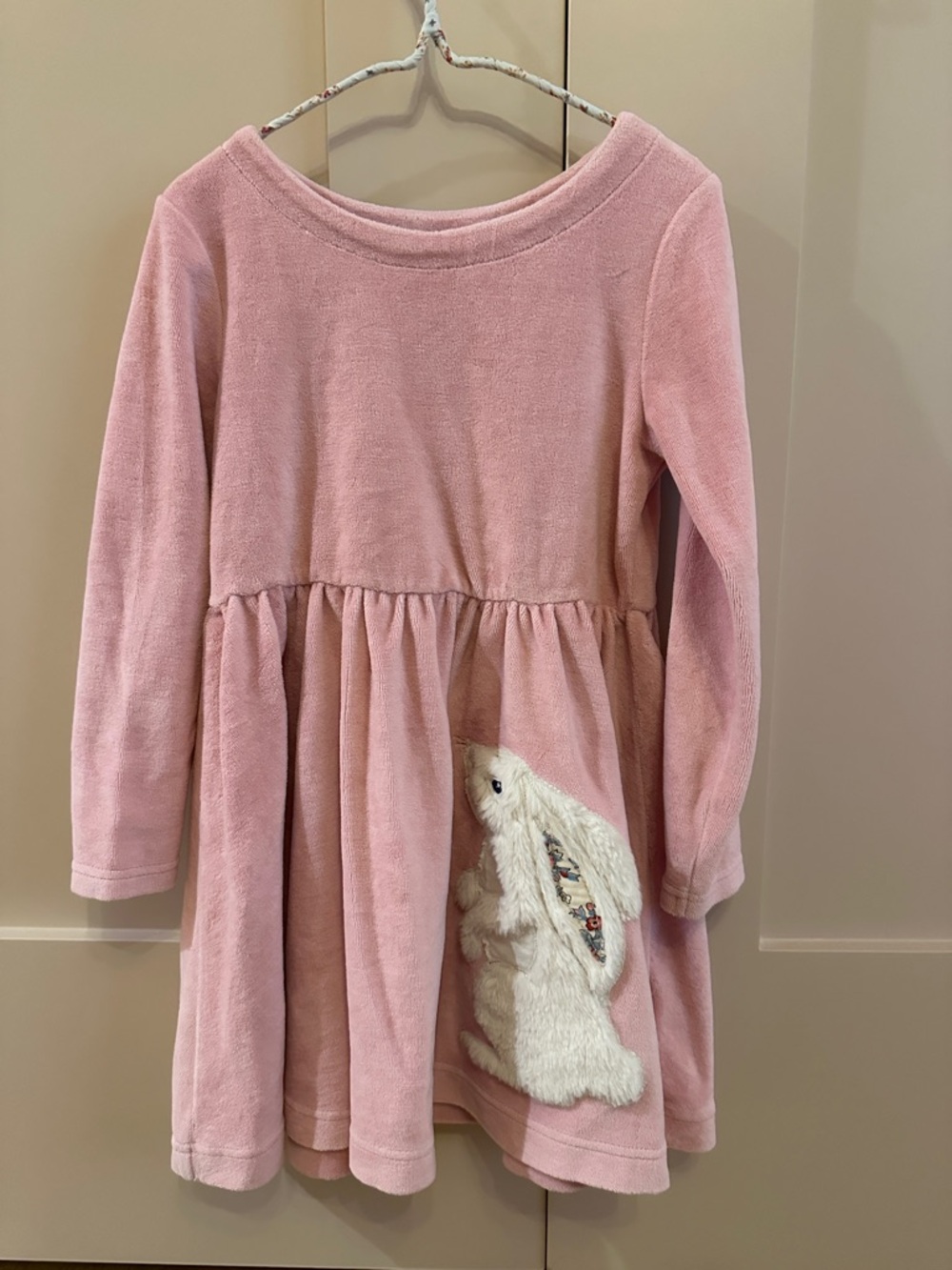 Mini Boden Pink Long-Sleeve Velvet Dress with Bunny Applique